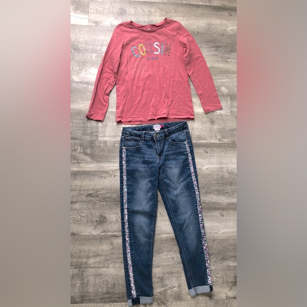 Carter’s Pink Mauve Coral Long T Shirt Denim Jeans Set With Stripe Cousin Crew